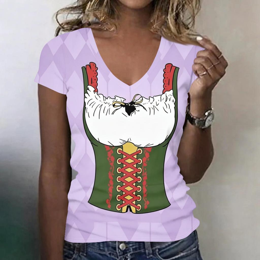 Women's Casual V Neck Short Sleeve T Shirt Oktoberfest Print Top Lightweight Soft Fabric Relaxed Fit Tee for Everyday Wear