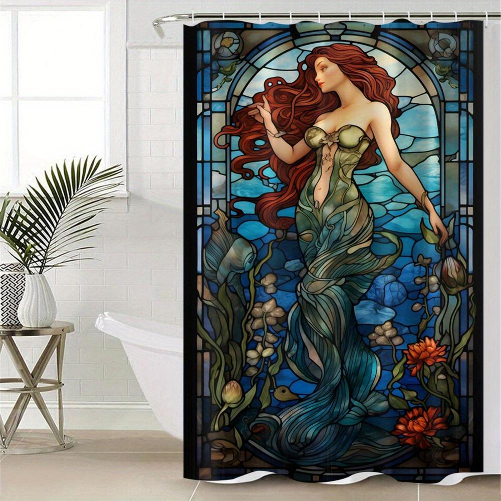 Tenda da Doccia Impermeabile Sirena Art Nouveau - Design Vetro Colorato, Tessuto di Alta Qualità, Arredo Bagno Durevole ed Elegante