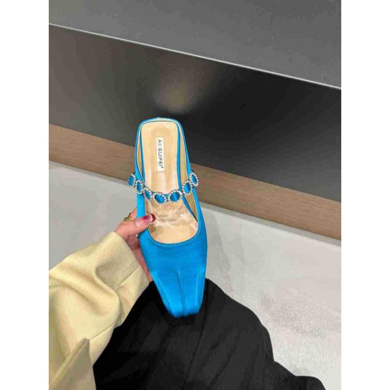 

French bag head rear empty sandals women s spring and summer 2025 new thick heel rhinestone one-word strap single shoes 40 peacock синього кольору