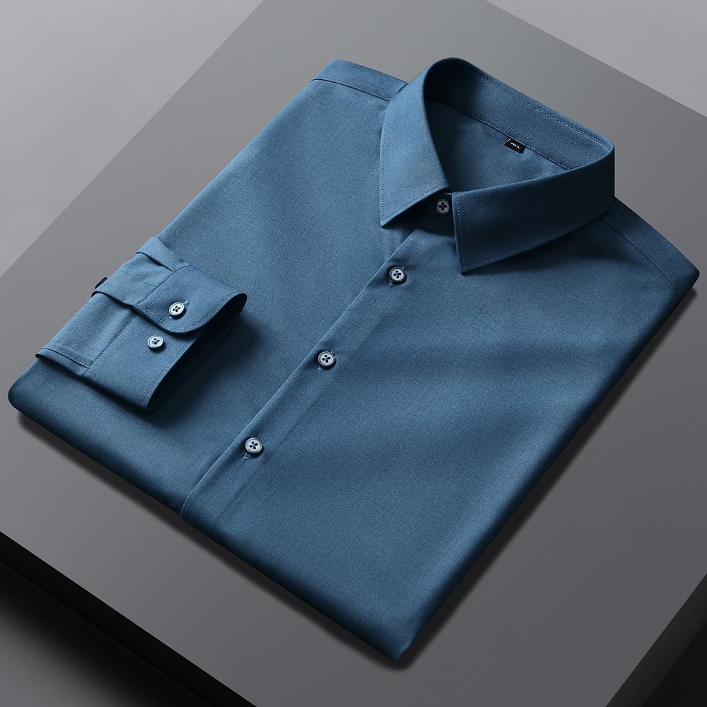 Luxury Designer Stretch Menswear Clothing Business Regular Fit Wrinkle-Free Soild Long Sleeve Button-up Shirts without Pocket