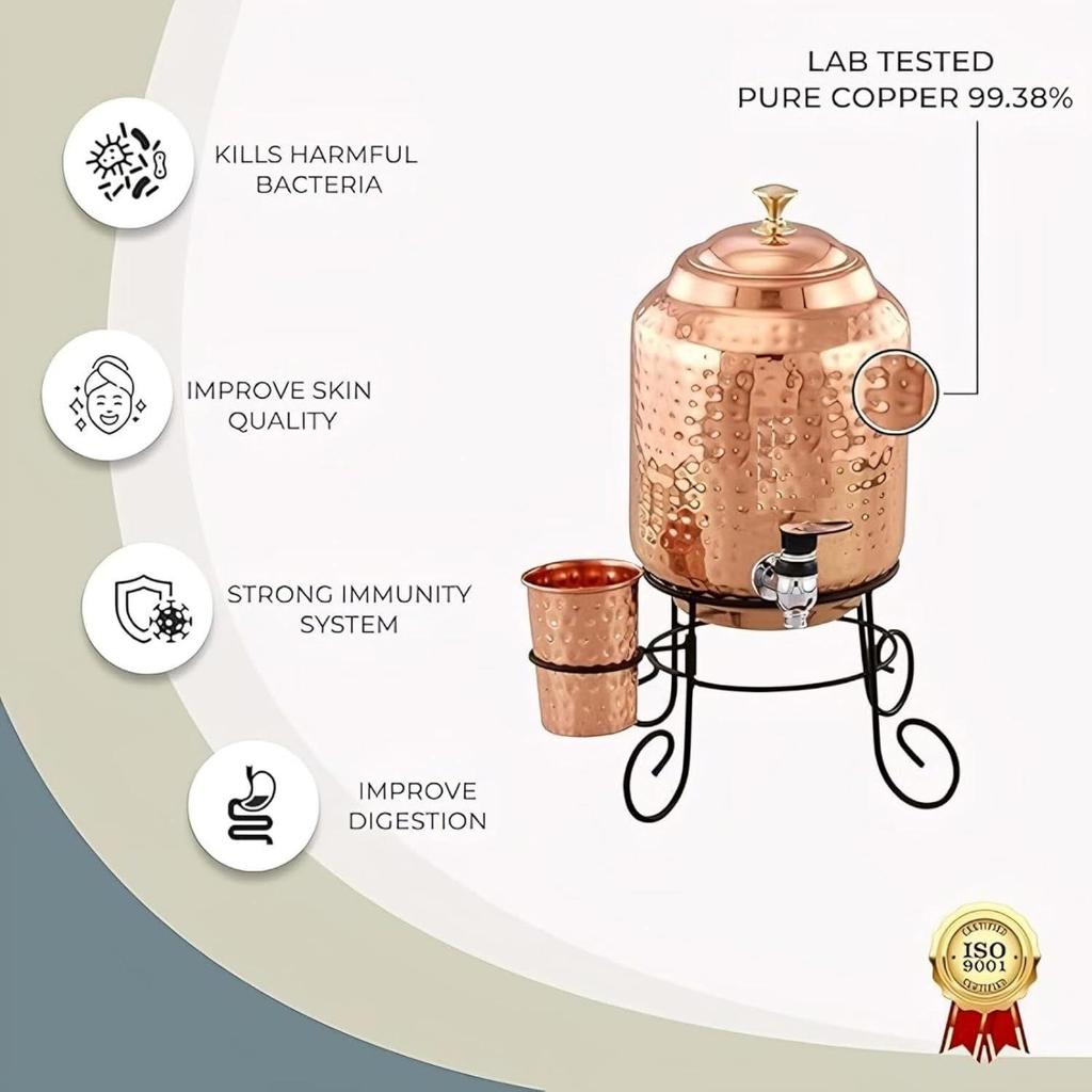 5 Liter Wasserspender aus gehämmertem Kupfer (Matka/Topf) Behältertopf mit 1 Kupferglas und Ständer Reines Kupfer und ayurvedische Gesundheitsvorteile (5000 ml)