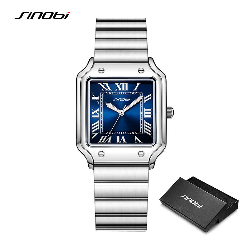 SINOBI Casual Design Men's Quartz Watches Fashion Stainless Steel Man's Wristwatches Business Square Clock