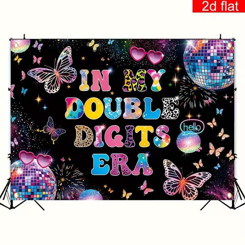 2D Disco Butterfly Happy 10th Birthday Backdrop, In My Double Digits Era Banner