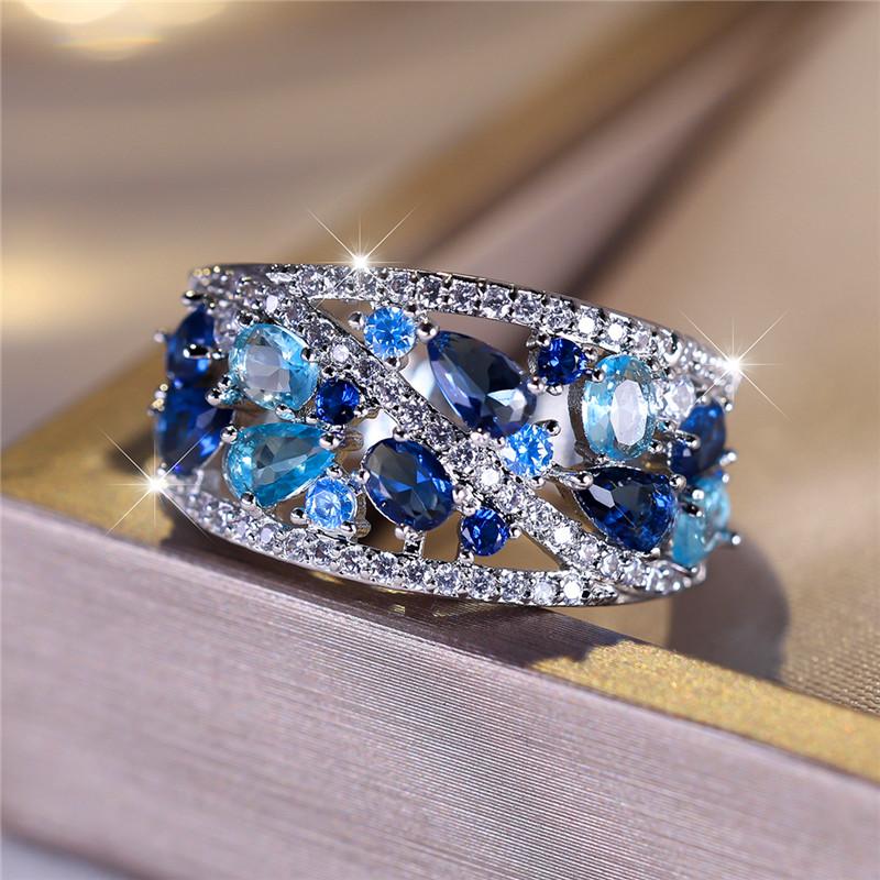 Luxury Female Blue Zircon Stone Ring Trendy Zinc Alloy Color Engagement Cute Bride Wedding Zircon Gift For Women