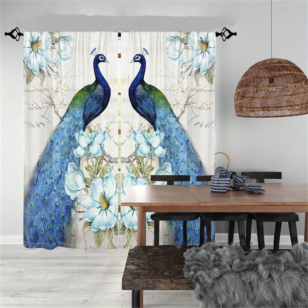 2Pcs Elegant Peacock Curtains Blue White Floral Pattern Living Room Bedroom Dining Room Sunshade Vintage Art Style Decor Curtain
