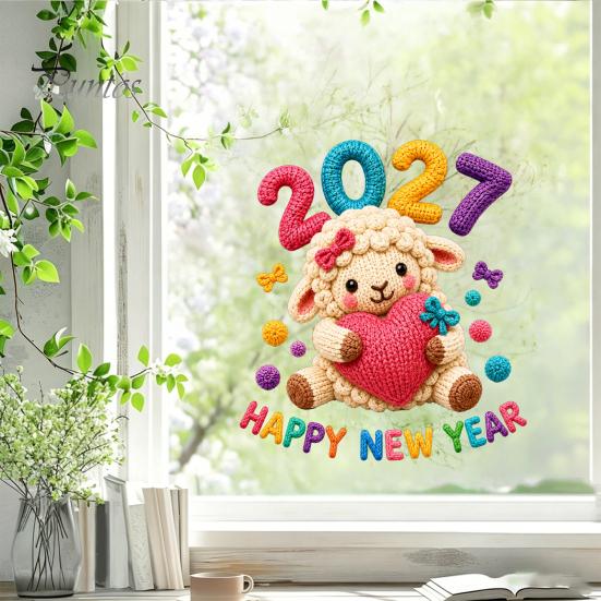 No Glue Window Decorations Chinese New Year Stickers, 2027 Goat Static Clings, Cute Knitted Texture Film Crochet Knit Sheep Decals, Reusable Decor for