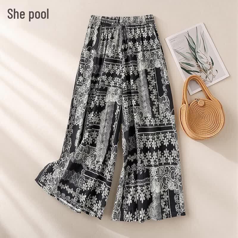 Women s Ethnic Print Wide-Leg Casual Pants One Size