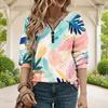 Women Plus Size Abstract Printed V Neck Front Zip Long Sleeve Ribbed Cuffs Black Khaki Sweatshirt