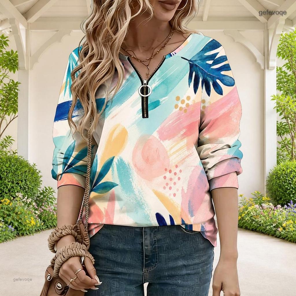 Women Plus Size Abstract Printed V Neck Front Zip Long Sleeve Ribbed Cuffs Black Khaki Sweatshirt