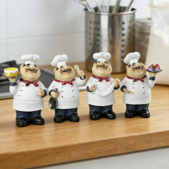 Yousheng Cartoon Chef Figurine Hand-Painted Holding Fruit Plate Cake Noodles Spoon Chef Statue Sculpture Home Kitchen Dining Room Decoration Ornament
