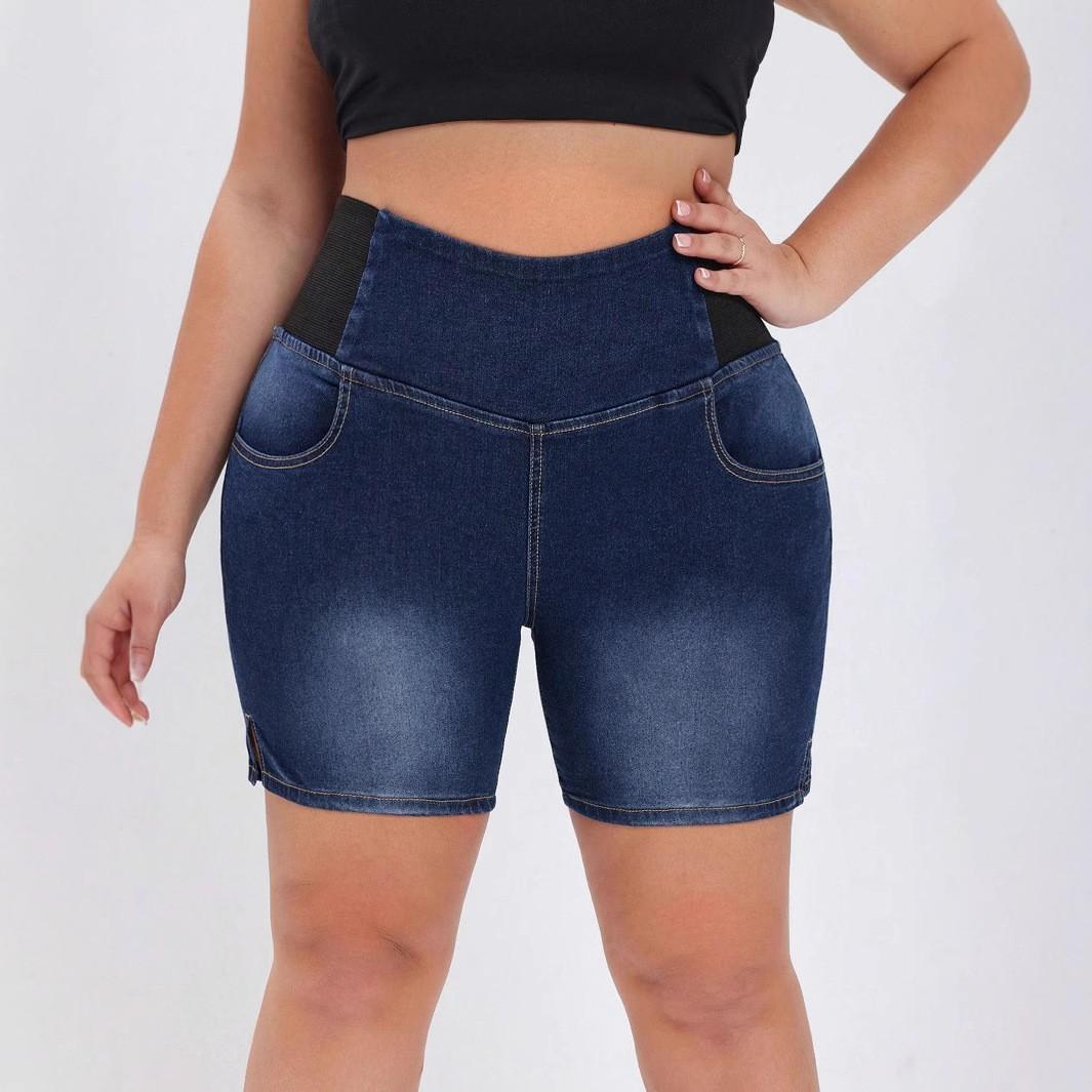 

High-waisted stretch denim shorts for women, summer slimming, butt-lifting, tight-fitting, fitness casual pants 0XL темно-синий