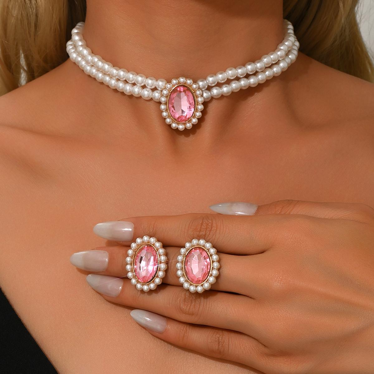 

3PC Women s Fashion Imitation Pearl Geometric Set Necklace Earrings Zircon Set Lightly Designed Holiday Gift