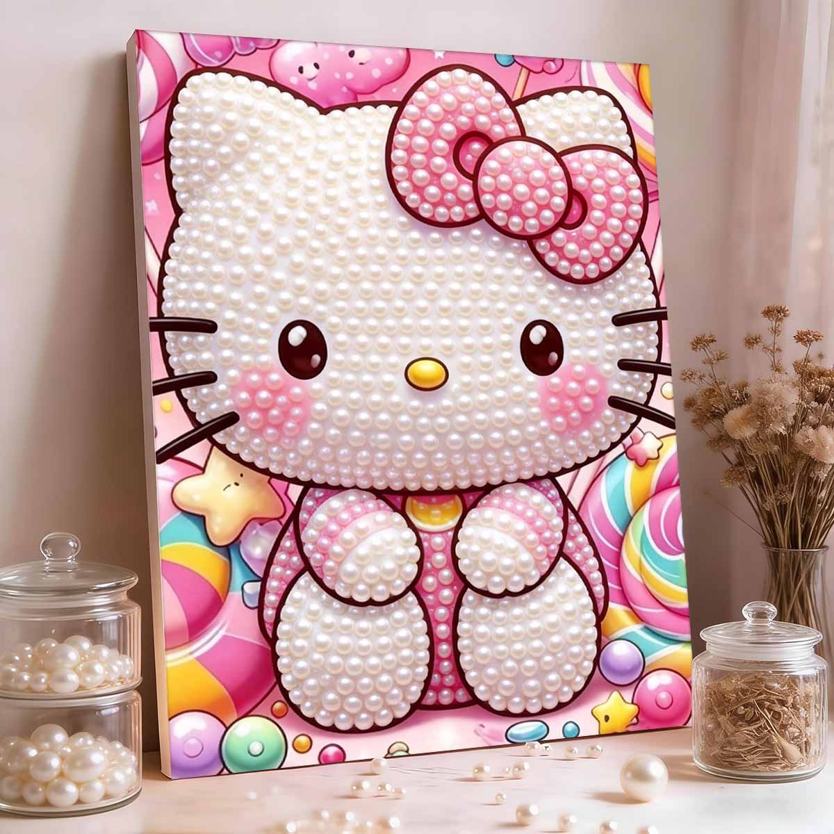 

Сладкая Конфетная Арт-Картина без Рамы Hello Kitty с Вставками из Жемчуга | Ручная Работа, Жемчужное Искусство, Конфетная Тема, Идеально для Девичьего, Сладкого, Кремового Домашнего Декора 35x45cm
