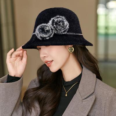 Chapeau de bassin en fourrure de vison pour femmes petit visage polyvalent automne hiver bord double boule de laine chapeau de pêcheur en tissu de laine à la mode chapeau simple