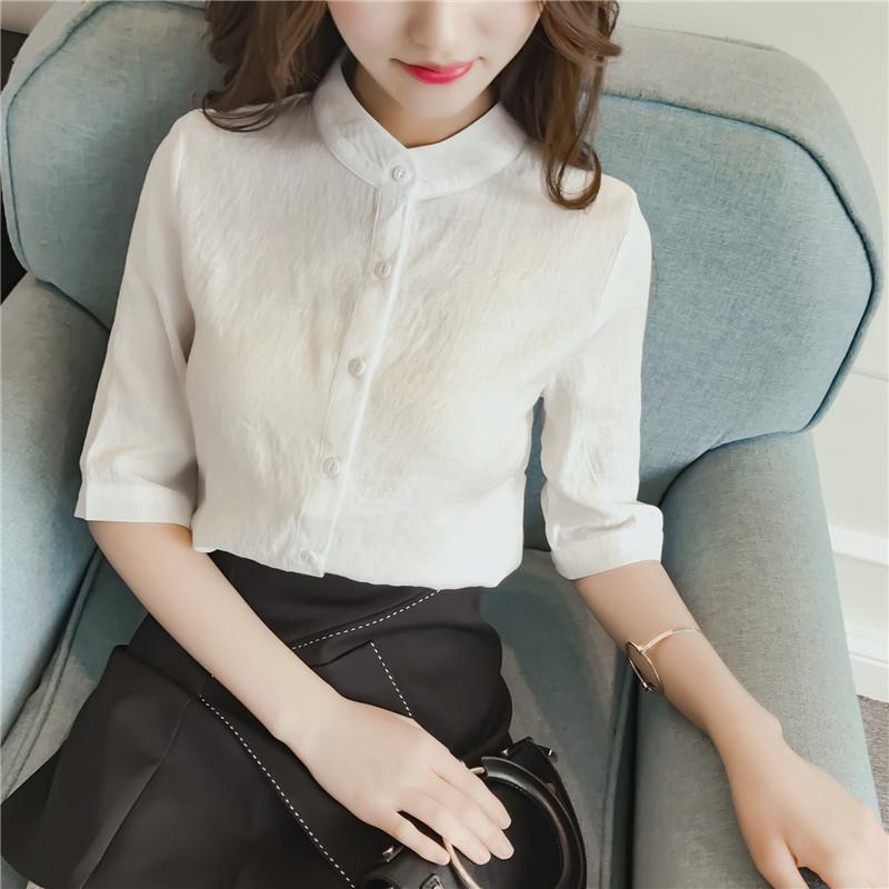 Thin Solid Round Neck Button Blouses Straight Temperament Simplicity Classic Casual Formal Women's Dignified