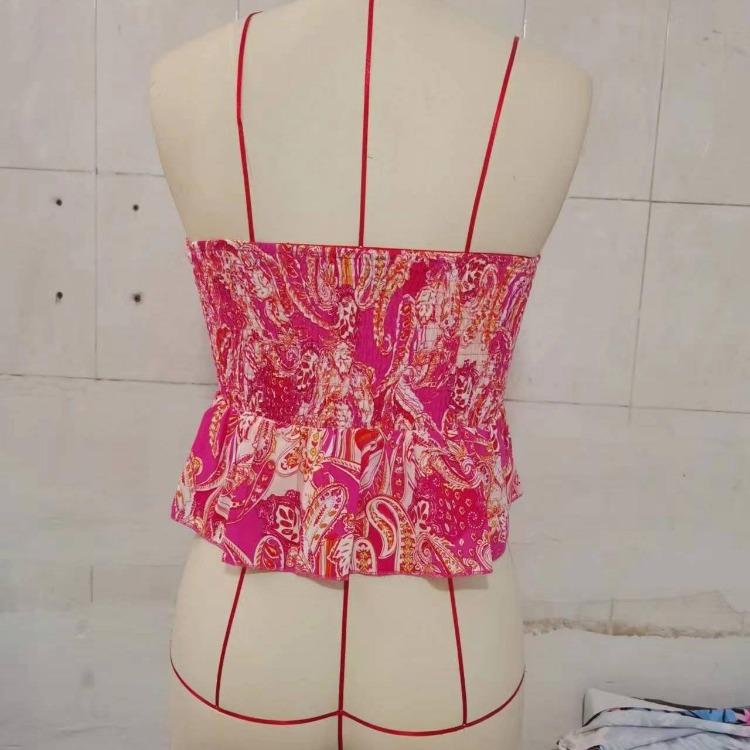 Women Sexy Off Shoulder Summer Tops Floral Print Sleeveless Strapless Tank Slim Waist Draw Pleats Hot Girl Spring Casual Blouse S-XL
