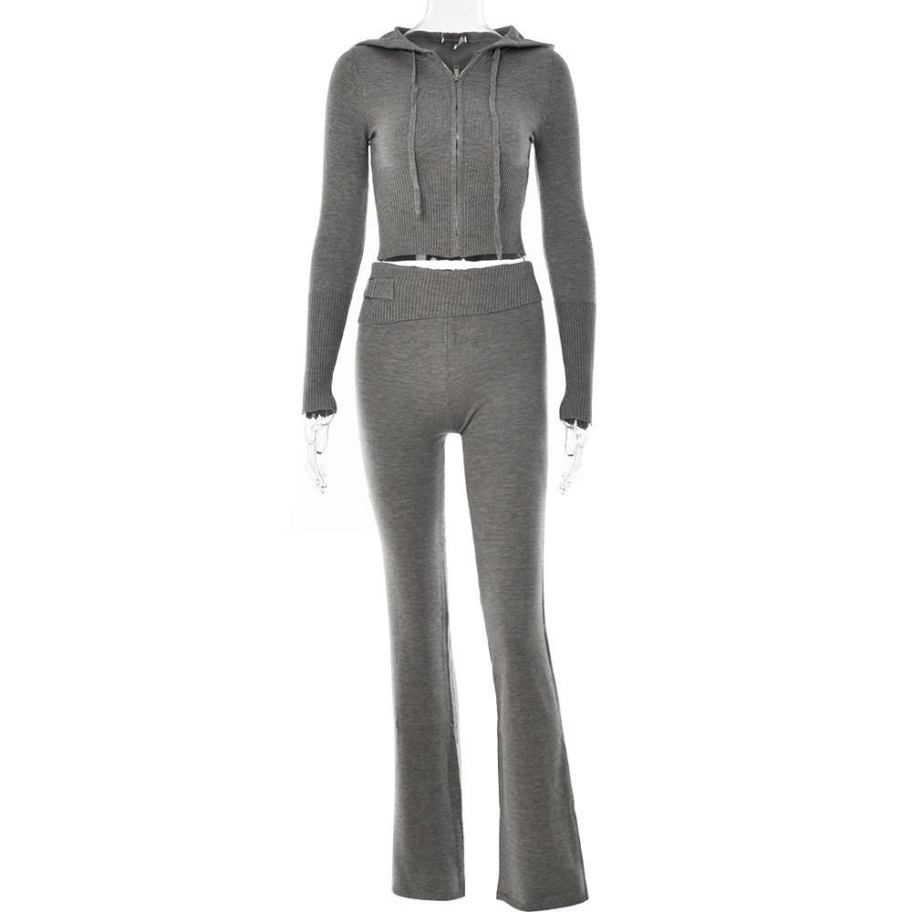 

2023 Women s Fashion Knitted Hooded Two-Piece Suit: Sexy High-Waist Long Sleeve Hoodie & Trousers. Small серый