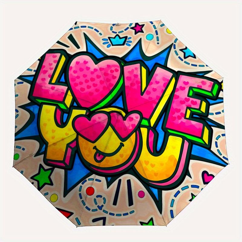 

1pc Love You Sticker Automatic Folding Umbrella - 8-Rib Iron Frame, Windproof, Portable Sunshade with Plastic Handle for Travel & Outdoor Ac