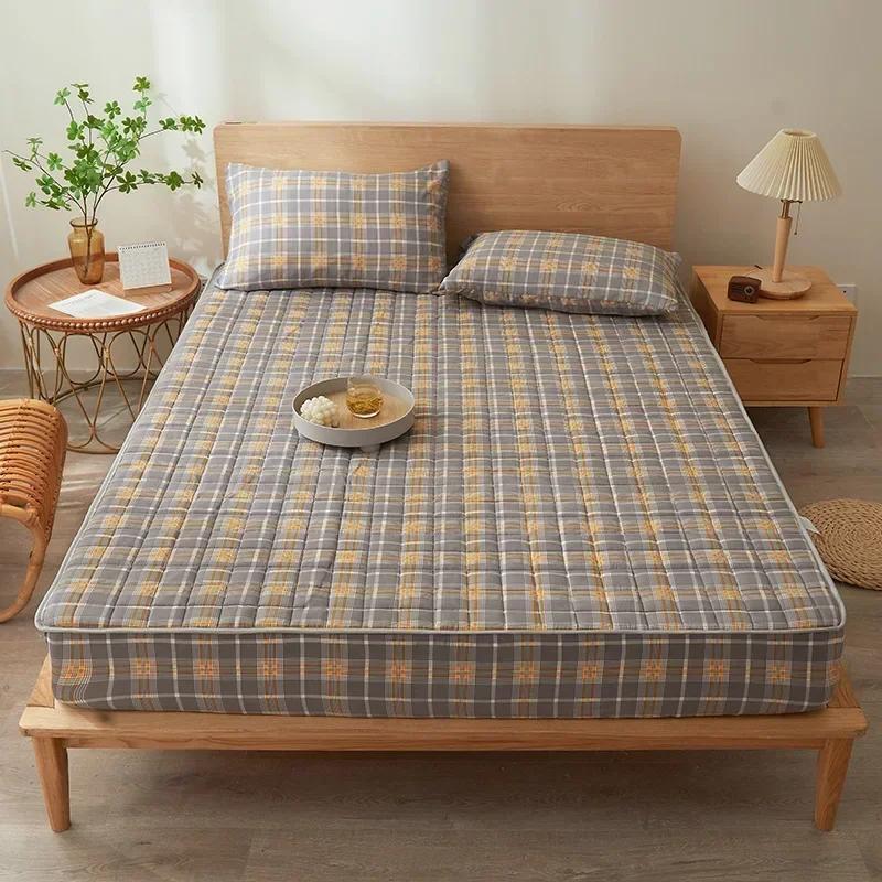 

Clip Cotton Plaid Bed Hat Washed Cotton Washed Cotton Thickened Non-slip Bedspread Student Dormitory Tatami Non-slip Pads 2xPillowcase 48x74cm