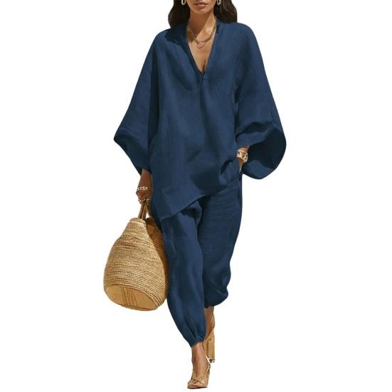 

Женские Комплекты из 2 Предметов с Рукавами Летучая Мышь, Длинным Рукавом, V-образным Вырезом, Топ и Укороченные Брюки, Летние Комплекты для Отдыха и Дома с Карманами S темно-синий