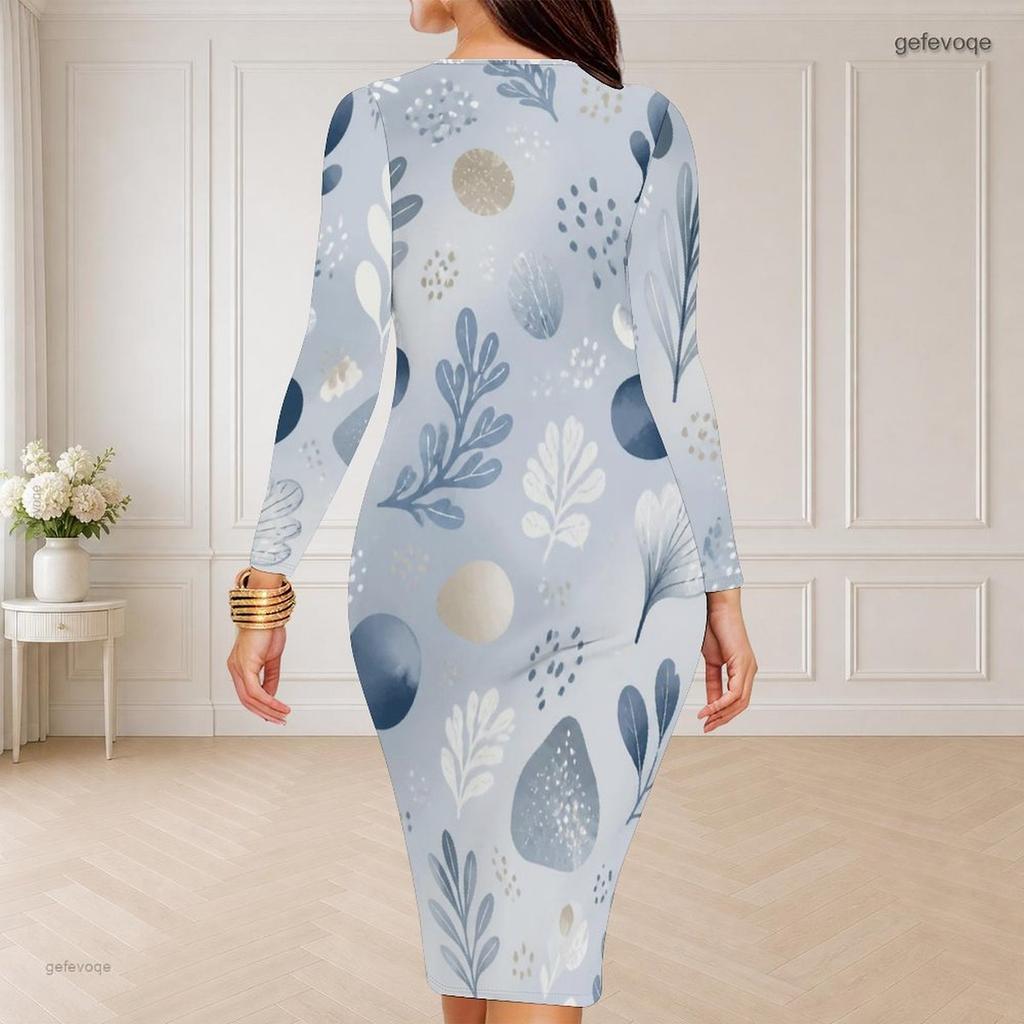 Women Plus Size Round Neck Long Sleeve Colorful Printed Bodycon Midi Dress