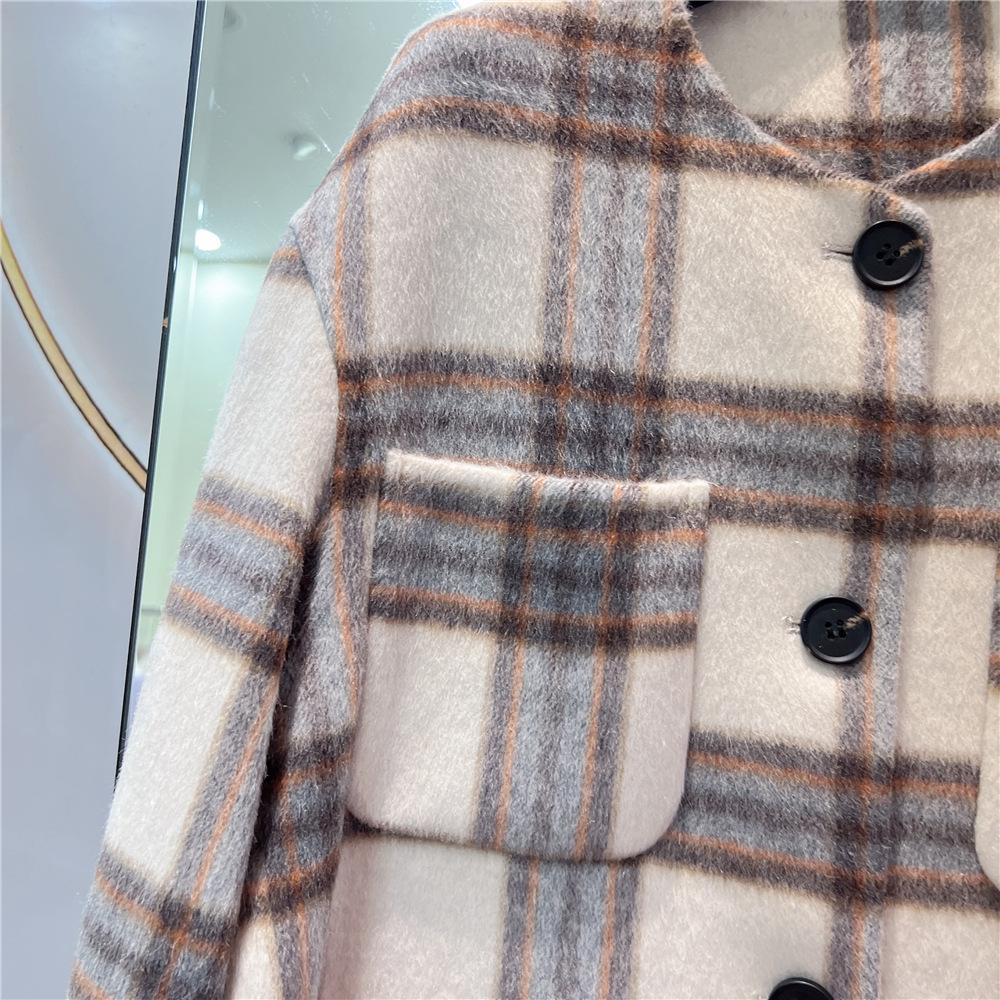 2023 Women's Retro Plaid Double-Sided Cashmere Wool Coat, Mid-Length Loose Fit for Autumn/Winter