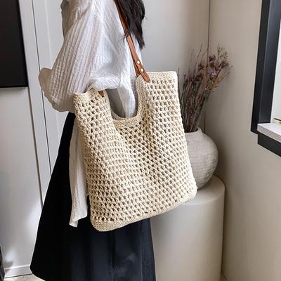 New Large-capacity Shoulder Cotton Thread Woven Bag New Hollow Reticulated Tote Bag Seaside Vacation Beach Bag