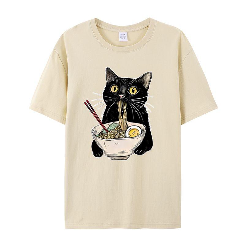 Cat Eats Noodles Pattern Print Men's T-Shirt Summer Vintage Kawaii Men's and Women's Surfing Beach T-Shirt Breathable Casual Top