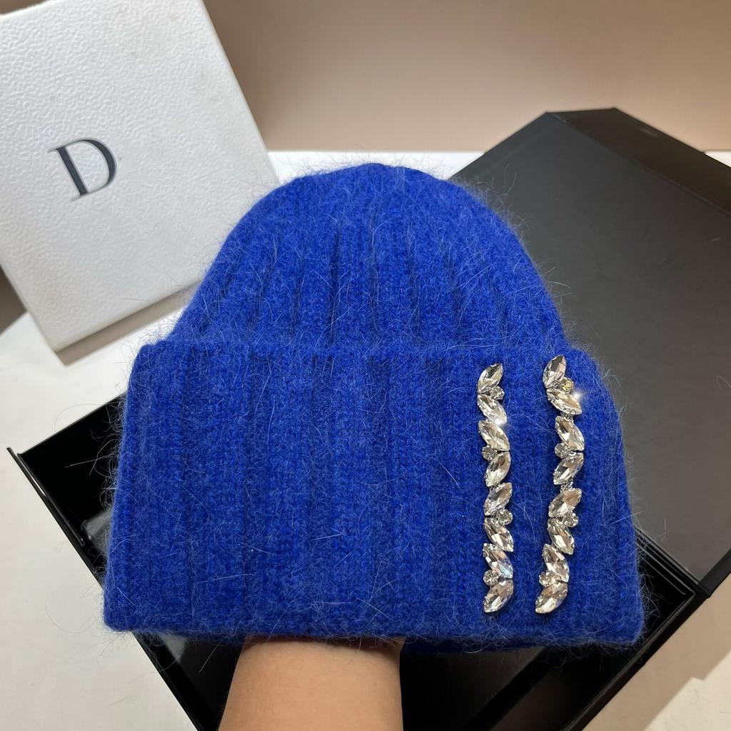 Paris Heavy Industry Light Luxury Rhinestone Knitted Hat Women'S Winter Outdoor Warm Rabbit Hair Wool Hat Wide Stripe Shows Small Face
