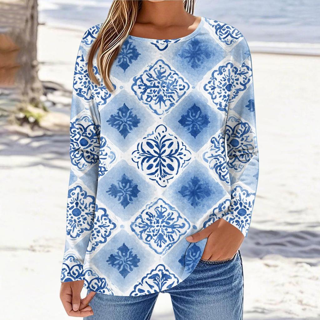 Women's T-shirt 3D printing small floral print fashion long-sleeved round neck regular top holiday weekend spring and autumn