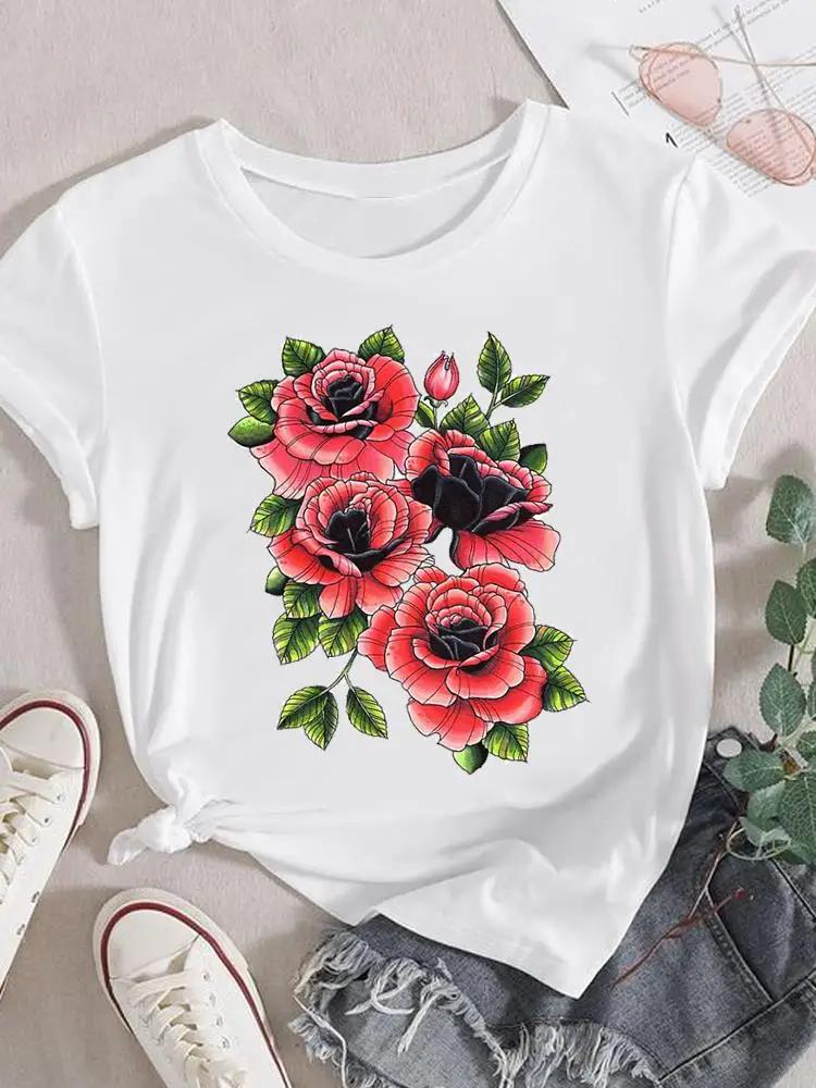 

Fashion T Shirt Women Female Ladies Short Sleeve Clothes 90s Trend Flower Sweet Graphic T-shirt Print Top Clothing Tee 4XL