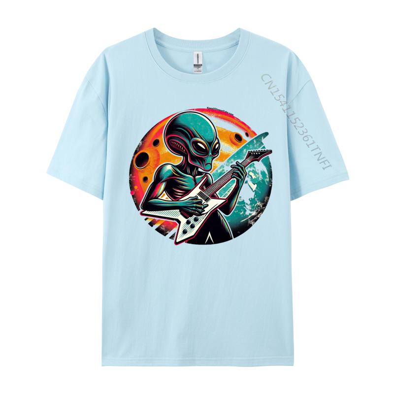 Retro Alien Guitar Rockstar Tshirt Funny T Shirt For Men Premium Cotton Autumn Tshirts Street Tops Shirt