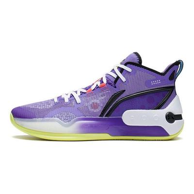 Li Ning Yu Shuai 16 Amortyzacja Antypoślizgowe Trwałe Buty do Koszykówki Średniej Wysokości Męskie Buty do Koszykówki Fioletowo-Żółte ABAS053-2