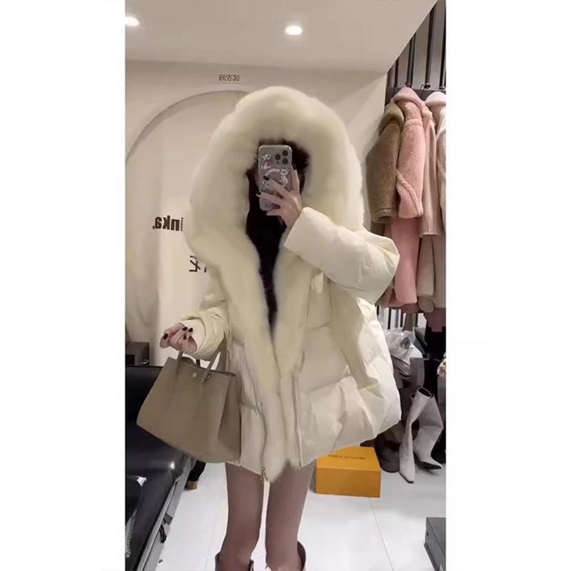

Korean Style Mid-Length White Hooded Down Cotton Coat XL