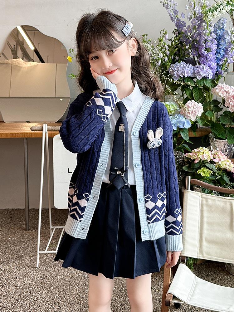 Girls' College Style Three-Piece JK Uniform Set: Pleated Skirt, Cardigan Sweater, and Bunny Officer Accent