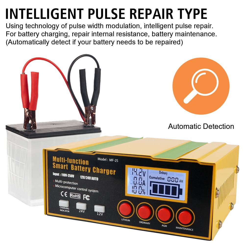 Pulse Repair Battery Charger AGM Car Battery Charger Truck Motorcycle Charger 220W LED Display 12V12A 24V8.5A 110V-250V Input