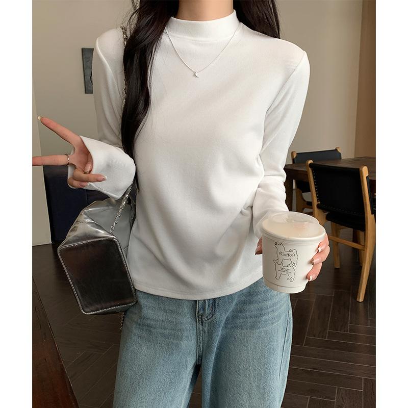 White Basic Brushed Thickened Half-high Collar Long-sleeved Bottoming Shirt for Women In Autumn and Winter, Slim-fitting Top for Small People