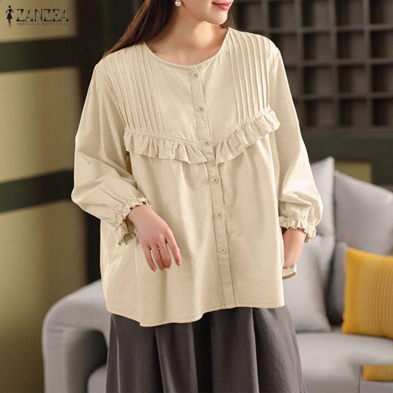 ZANZEA Camicetta casual da donna a maniche lunghe con scollo rotondo e tinta unita
