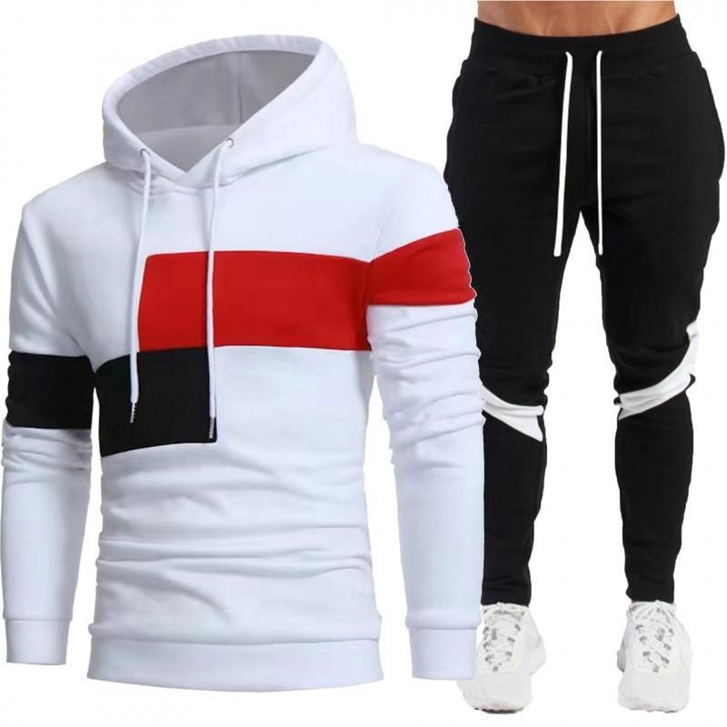 Mens Hooded Sweatshirt Set Winter Color Block Tracksuit Two Piece Casual Sportswear