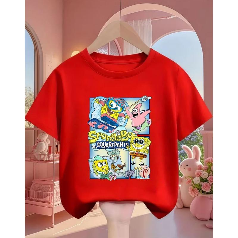 Summer Cute SpongeBob SquarePants Cartoon T Shirt 3-14Y Boys Girls Kawaii Fashion Street Hot Casual Crew Neck Kids