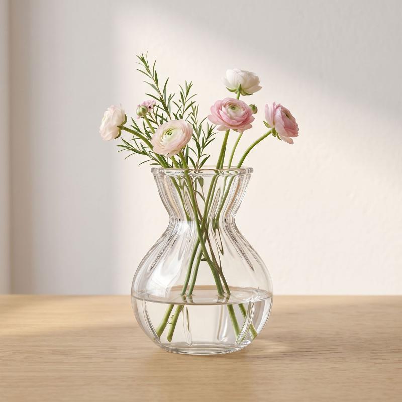 Clear Glass Flower Vase With Modern Ribbed Design Thick Durable Body For Home Dining Table Desktop Decor