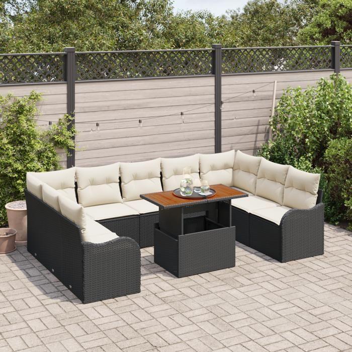 Ensemble de Salon de Jardin de 10 Pièces avec Coussins Noir Poly Rattan Acacia, Sofa de Jardin 2 Places avec Coussins Noir 3349501