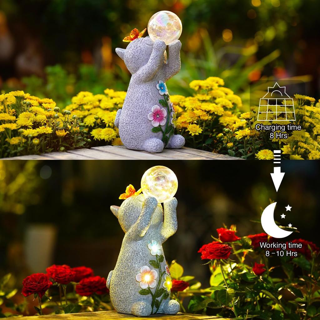 Goodeco Solar Cat Garden Statue - Outdoor Cat Decor with Solar Butterfly & Succulent Flowers LED Lights for Cat Lovers and Garden Enthusiasts - Ideal