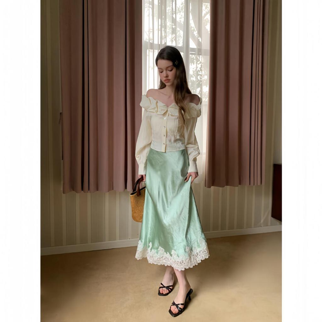 Interpret Beauty Elegant French Satin Midi Skirt for Women - Spring 2025 Collection C3582