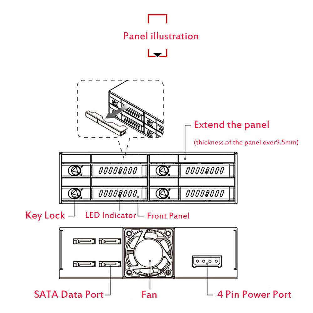 OImaster 4 Baies 2,5" SATA HDD SSD Disque Dur Rack Mobile Backplane avec Serrure à Clé Fonction de Verrouillage Supporte l'Échange à Chaud
