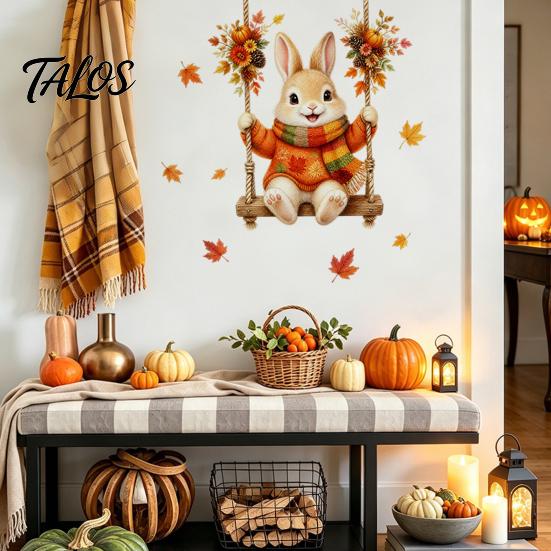 Decorative Cabinet Door Stickers Thanksgiving Fall Wall Stickers, Cute Cartoon Rabbit Squirrel Pumpkin Maple Leaf Decals Environmentally Friendly Art