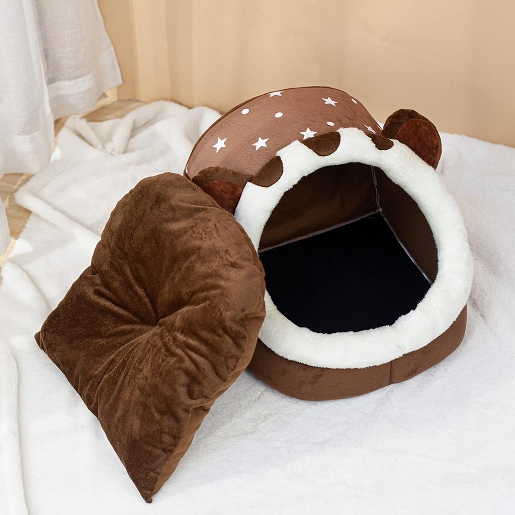 Snygg och varm halvsluten husdjurssäng för små till medelstora hundar och katter - bedårande brunbjörnsdesign