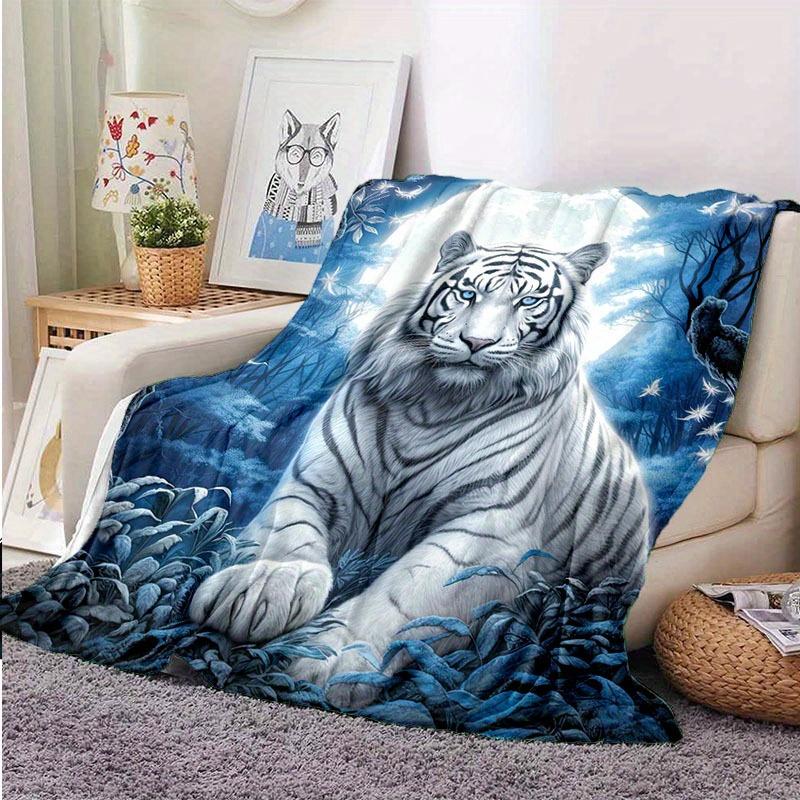 Moonlight Tiger Flannel Blanket – Soft All-Season Throw for Sofa Bed Office – Forest Themed Decor 75x90cm