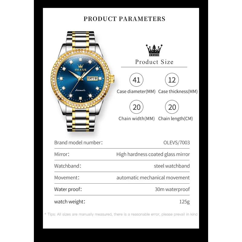 OLEVS Men's Watch Luxury Brand Diamond Automatic Mechanical Watch Stainless Steel Waterproof Calendar Business Men's Watch