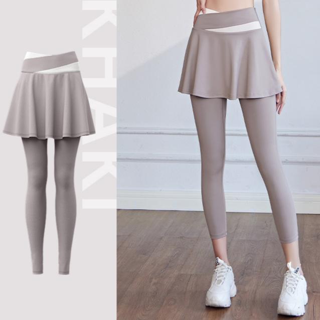 

Подходящие по цвету штаны для фитнеса и бега с высокой талией, обтягивающие, защищающие от воздействия окружающей среды, поддельные двухкомпонентные штаны для йоги S хаки